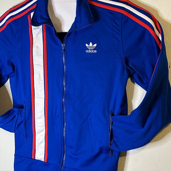 Adidas Sweat Jacket Mens Blue Medium Full Zip 3 Stripes Logo Zipper 90's - Picture 2 of 9
